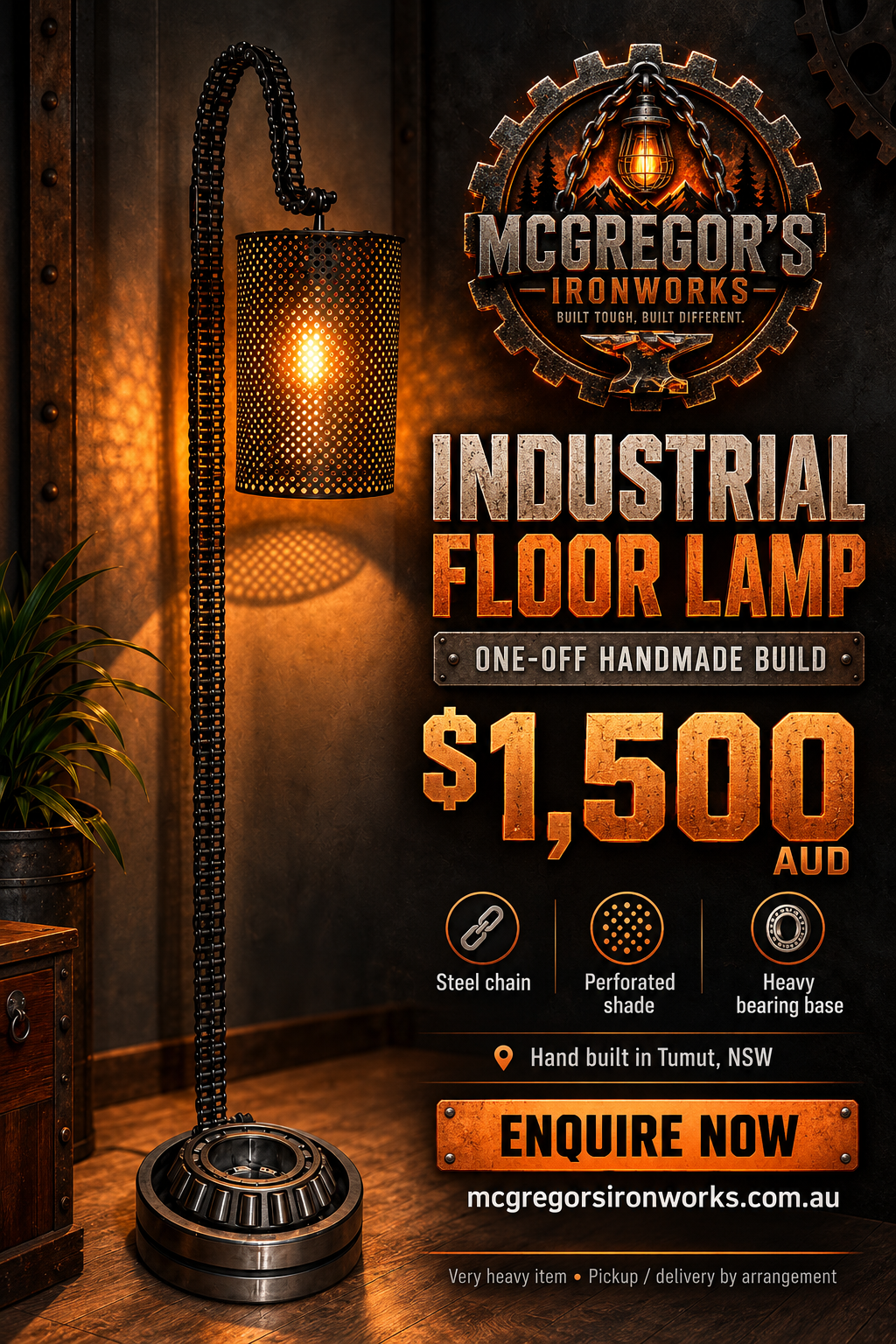 McGregor's Ironworks one-off handmade industrial floor lamp — $1,500 AUD. Steel chain, perforated shade and heavy bearing base. Hand built in Tumut, NSW.